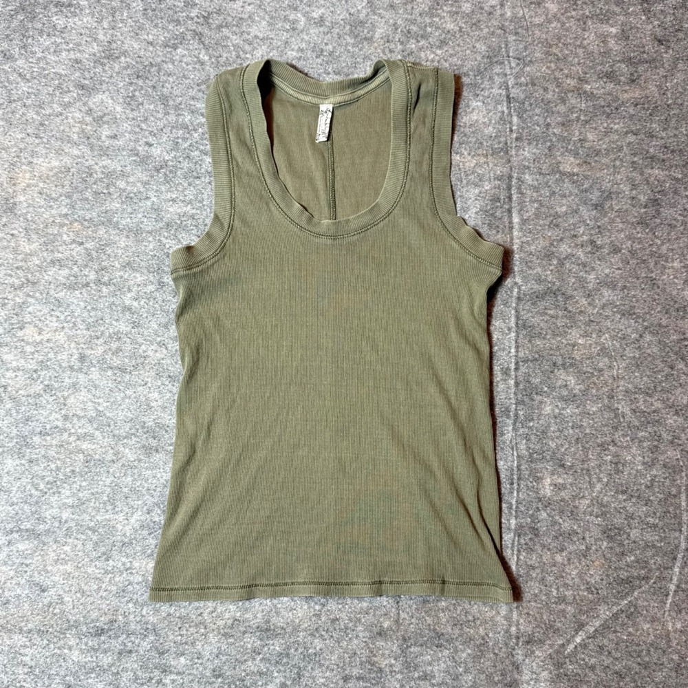 Free People Intimately Ribbed Scoop Neck Tank Top S Green Cotton Stretch